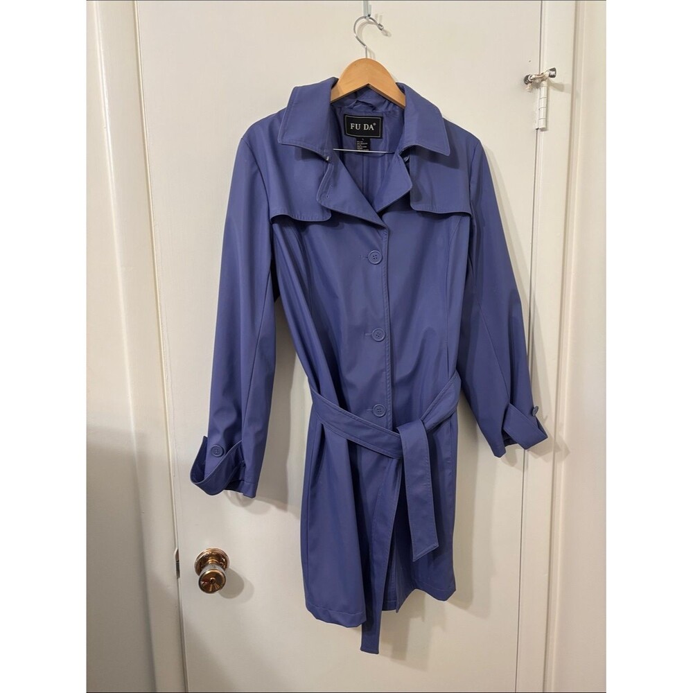 Fu Da Y2K Womens Large Lavender Blue Classic Storm Flap Button Flap Rain Coat
